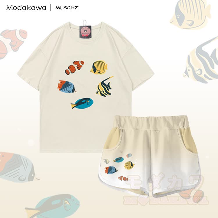 MODAKAWA X MLSCHZ Fish Graphic 100% Cotton T-shirt Gradient Shorts Matching Outfit - Light Beige Set - 5XL - image 1