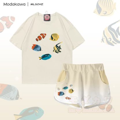 MODAKAWA X MLSCHZ Fish Graphic 100% Cotton T-shirt Gradient Shorts Matching Outfit - Light Beige Set - 5XL - image 1