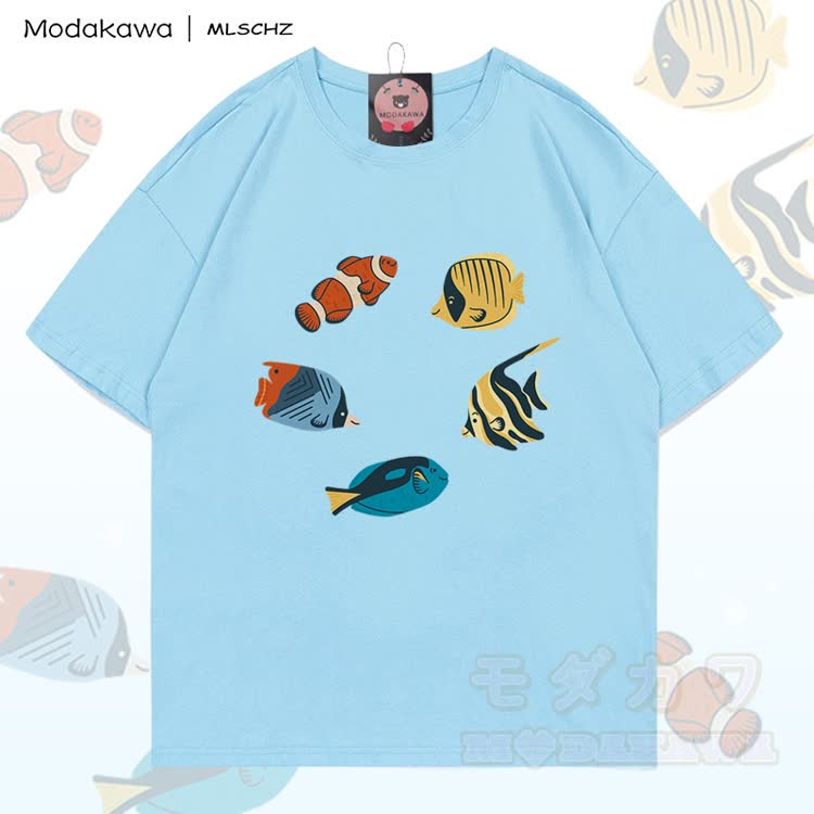MODAKAWA X MLSCHZ Fish Graphic 100% Cotton T-shirt Gradient Shorts Matching Outfit - Sky Blue T-shirt - 5XL - image 5