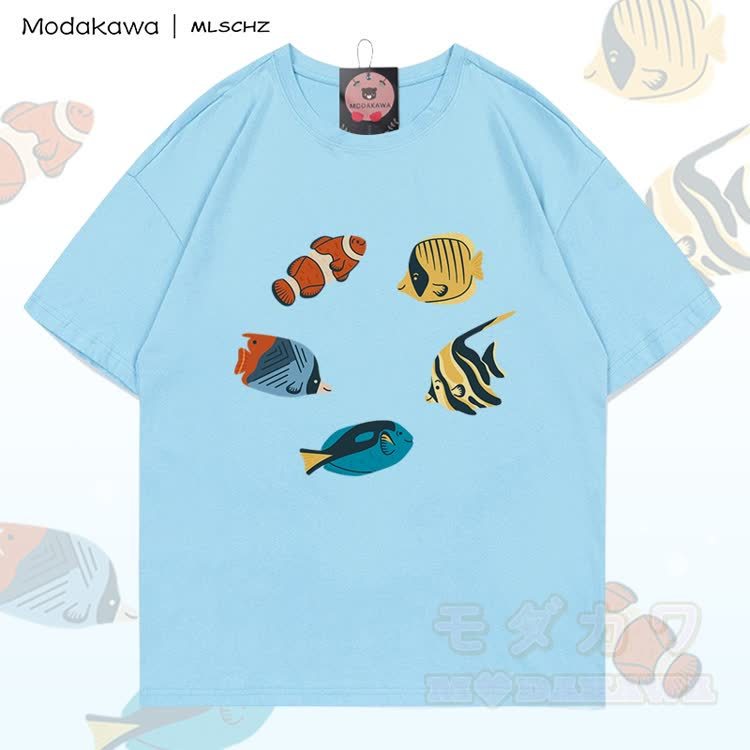 MODAKAWA X MLSCHZ Fish Graphic 100% Cotton T-shirt Gradient Shorts Matching Outfit - Sky Blue T-shirt - 5XL - image 5