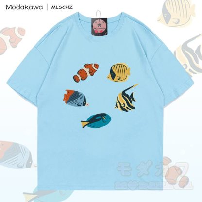 MODAKAWA X MLSCHZ Fish Graphic 100% Cotton T-shirt Gradient Shorts Matching Outfit - Sky Blue T-shirt - 5XL - image 5