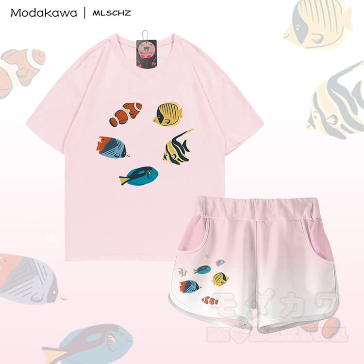 MODAKAWA X MLSCHZ Fish Graphic 100% Cotton T-shirt Gradient Shorts Matching Outfit - Light Pink Set - 5XL - image 3