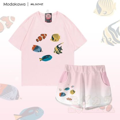 MODAKAWA X MLSCHZ Fish Graphic 100% Cotton T-shirt Gradient Shorts Matching Outfit - Light Pink Set - 5XL - image 3