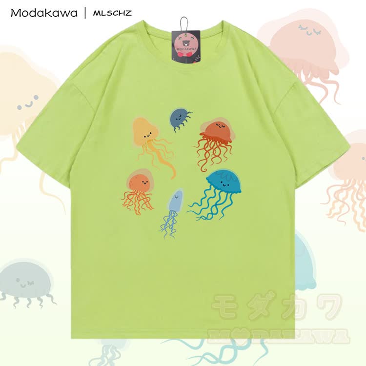 MODAKAWA X MLSCHZ Jellyfish Graphic 100% Cotton T-shirt Gradient Shorts Matching Outfit - Green T-shirt - 5XL - image 5