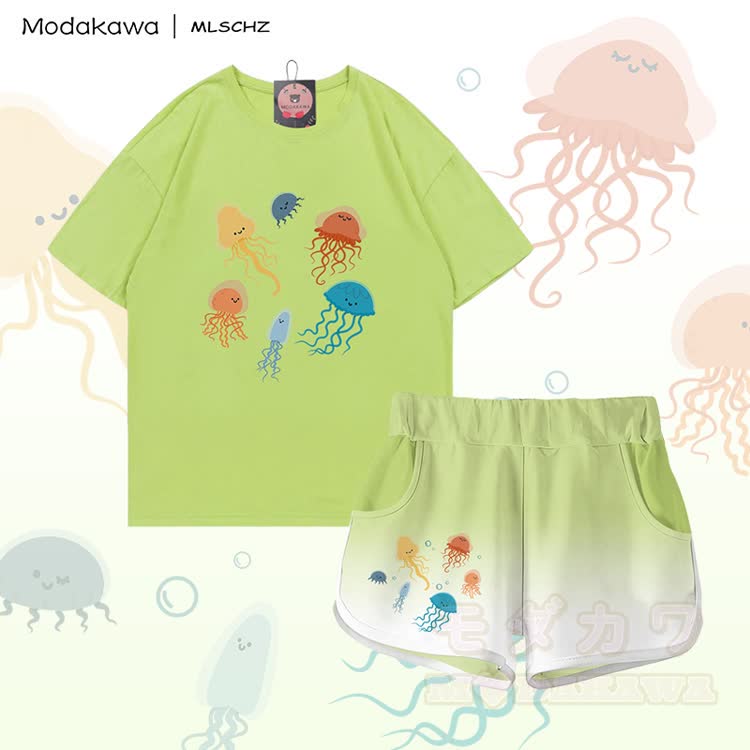 MODAKAWA X MLSCHZ Jellyfish Graphic 100% Cotton T-shirt Gradient Shorts Matching Outfit - Green Set - 5XL - image 2