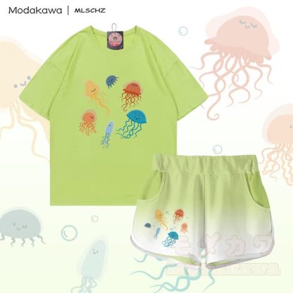 MODAKAWA X MLSCHZ Jellyfish Graphic 100% Cotton T-shirt Gradient Shorts Matching Outfit - Green Set - 5XL - image 2