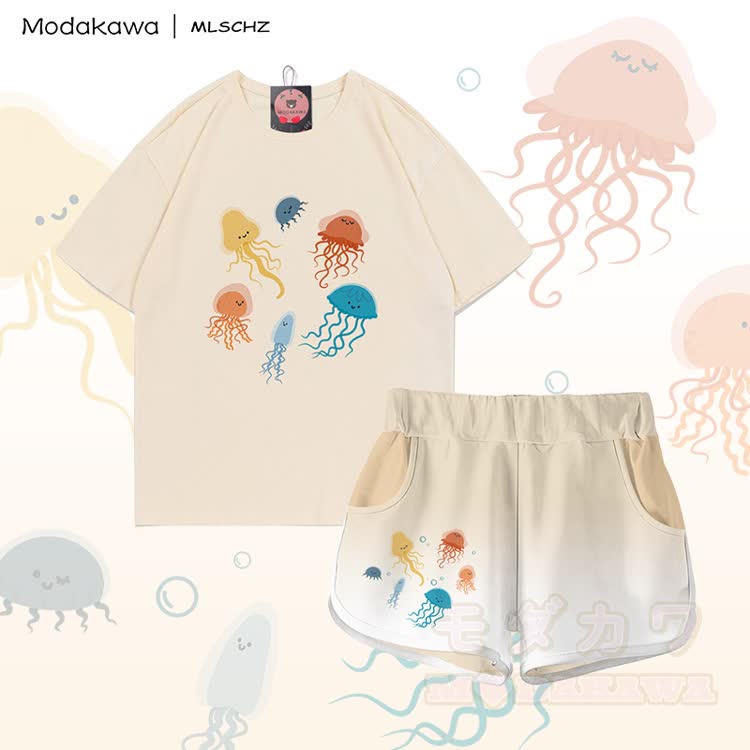 MODAKAWA X MLSCHZ Jellyfish Graphic 100% Cotton T-shirt Gradient Shorts Matching Outfit - Apricot Set - 5XL - image 3