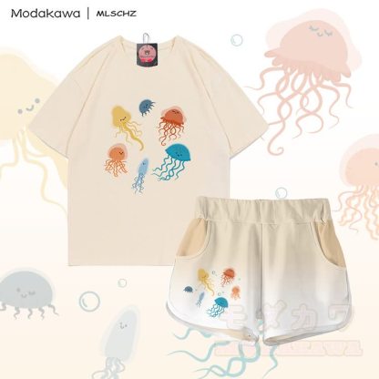 MODAKAWA X MLSCHZ Jellyfish Graphic 100% Cotton T-shirt Gradient Shorts Matching Outfit - Apricot Set - 5XL - image 3
