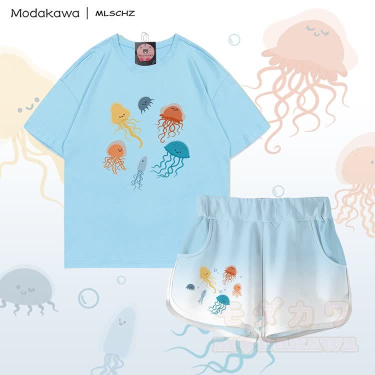 MODAKAWA X MLSCHZ Jellyfish Graphic 100% Cotton T-shirt Gradient Shorts Matching Outfit - Sky Blue Set - 5XL - image 1