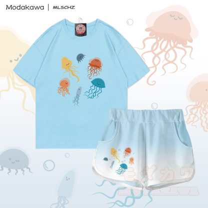 MODAKAWA X MLSCHZ Jellyfish Graphic 100% Cotton T-shirt Gradient Shorts Matching Outfit - Sky Blue Set - 5XL - image 1