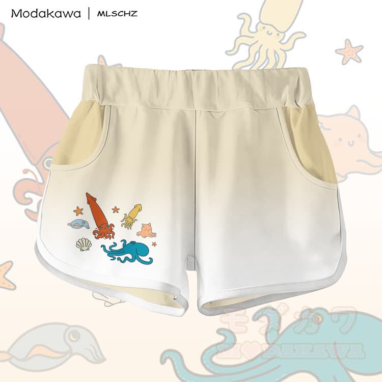 MODAKAWA X MLSCHZ Squid Octopus Graphic 100% Cotton T-shirt Gradient Shorts Matching Outfit - Light Beige Shorts - 5XL - image 9