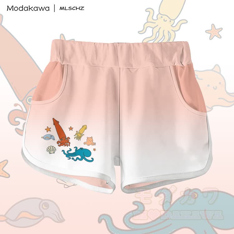 MODAKAWA X MLSCHZ Squid Octopus Graphic 100% Cotton T-shirt Gradient Shorts Matching Outfit - Peach Shorts - 5XL - image 7