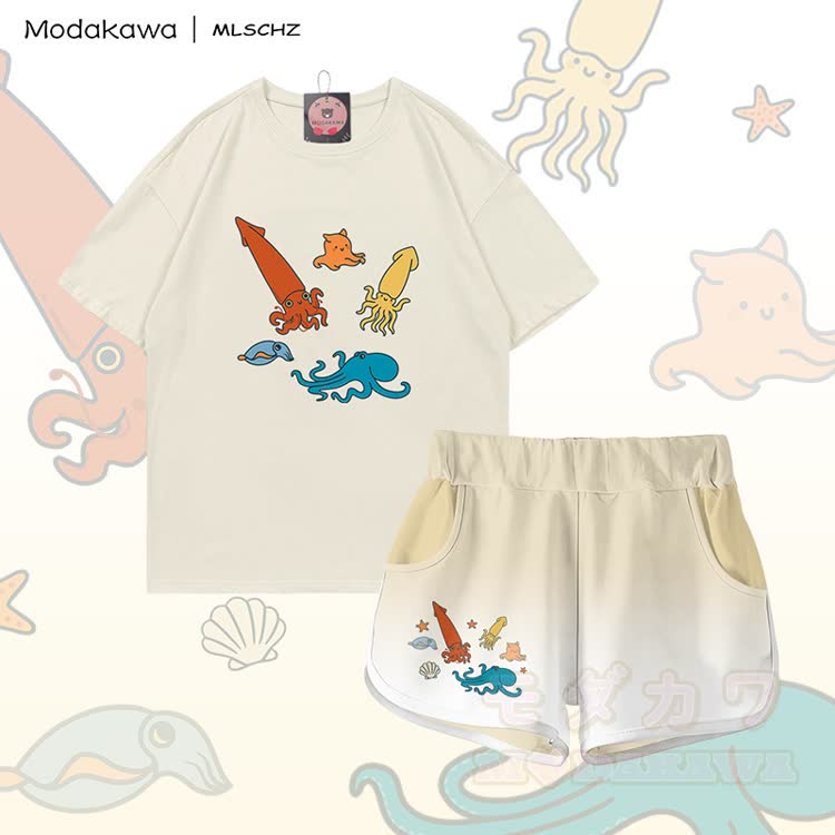 MODAKAWA X MLSCHZ Squid Octopus Graphic 100% Cotton T-shirt Gradient Shorts Matching Outfit - Light Beige Set - 5XL - image 3