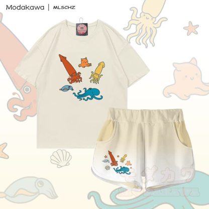 MODAKAWA X MLSCHZ Squid Octopus Graphic 100% Cotton T-shirt Gradient Shorts Matching Outfit - Light Beige Set - 5XL - image 3