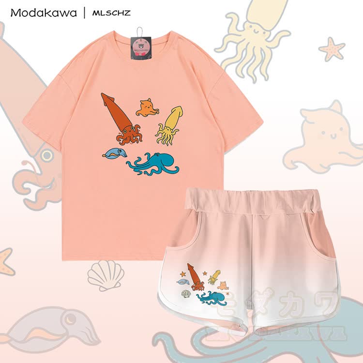 MODAKAWA X MLSCHZ Squid Octopus Graphic 100% Cotton T-shirt Gradient Shorts Matching Outfit - Peach Set - 5XL - image 1