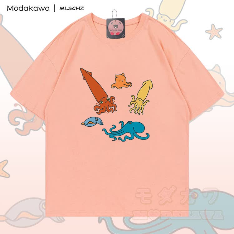 MODAKAWA X MLSCHZ Squid Octopus Graphic 100% Cotton T-shirt Gradient Shorts Matching Outfit - Peach T-shirt - 5XL - image 4