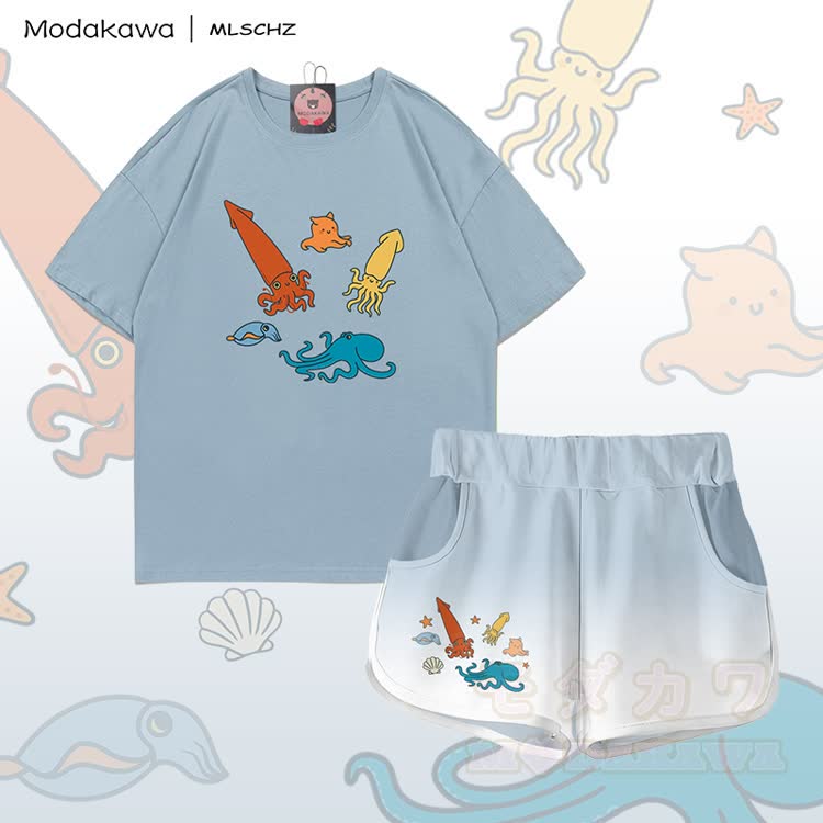 MODAKAWA X MLSCHZ Squid Octopus Graphic 100% Cotton T-shirt Gradient Shorts Matching Outfit - Light Grey Blue Set - 5XL - image 2