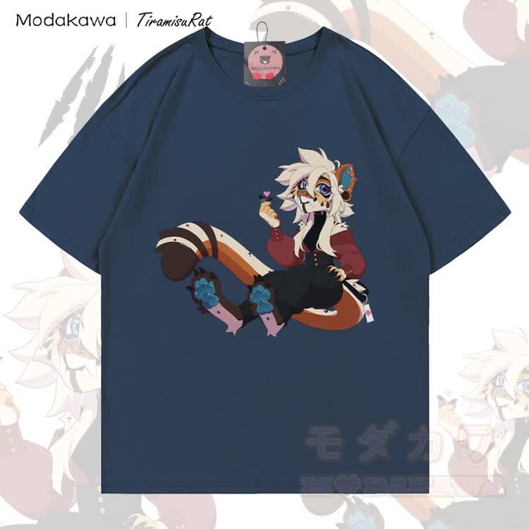 MODAKAWA X TiramisuRat White Hair Rat Graphic 100% Cotton T-shirt - Purplish Blue - 5XL - image 4