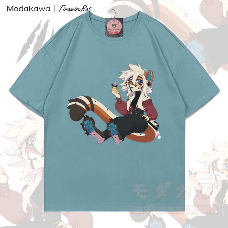 MODAKAWA X TiramisuRat White Hair Rat Graphic 100% Cotton T-shirt - Mineral Green - 5XL - image 1