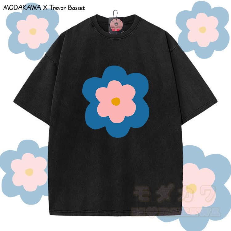 MODAKAWA X Trevor Basset Floral Graphic Vintage Washed T-shirt - Black - 5XL - image 2