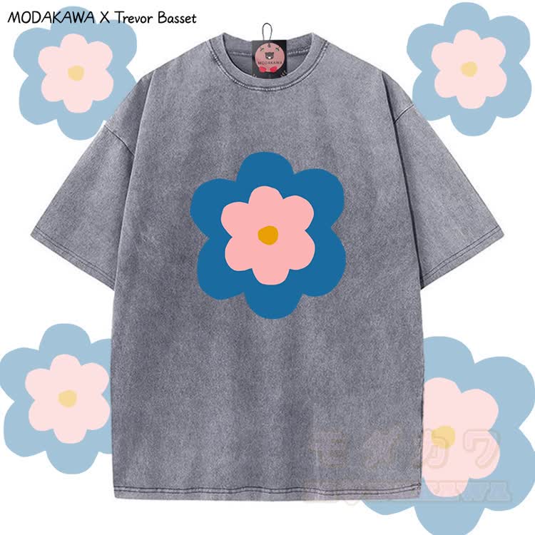MODAKAWA X Trevor Basset Floral Graphic Vintage Washed T-shirt - Grey - 5XL - image 1