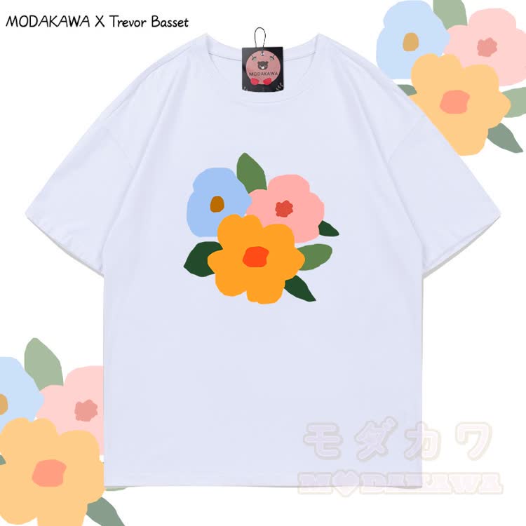 MODAKAWA X Trevor Basset Three Flowers Graphic 100% Cotton T-shirt - White - 5XL - image 2