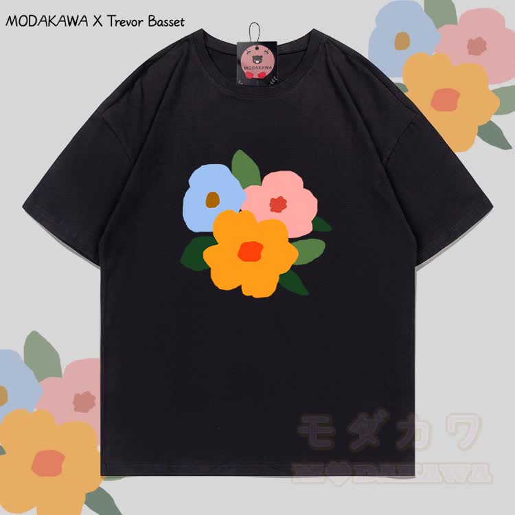 MODAKAWA X Trevor Basset Three Flowers Graphic 100% Cotton T-shirt - Black - 5XL - image 1