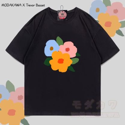 MODAKAWA X Trevor Basset Three Flowers Graphic 100% Cotton T-shirt - Black - 5XL - image 1