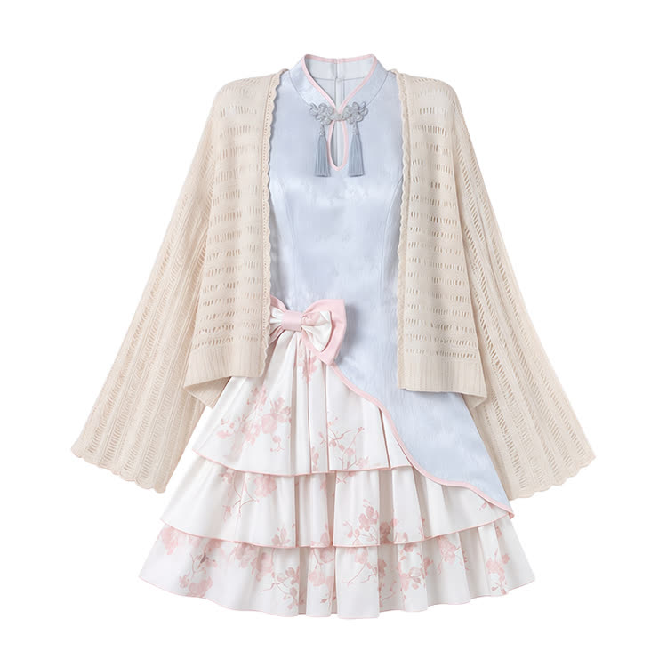 Floral Halter Buckle Bow Dress Knit Cardigan Matching Outfit - Dress + Cardigan - XL - image 3