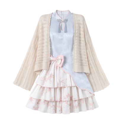Floral Halter Buckle Bow Dress Knit Cardigan Matching Outfit - Dress + Cardigan - XL - image 3