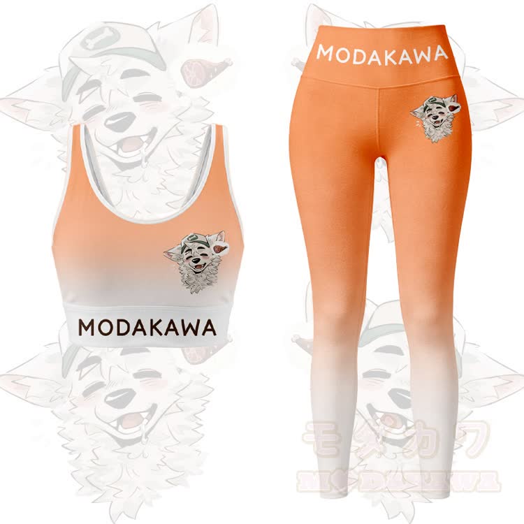 MODAKAWA X atka Fox Wants Meat Graphic Gradient Sports Bra Top Leggings Matching Outfit - Orange Set - 5XL - image 13
