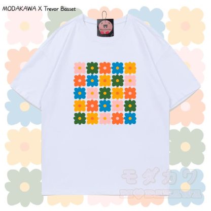 MODAKAWA X Trevor Basset Colorful Daisy Flower Graphic 100% Cotton T-shirt - White - 5XL - image 3
