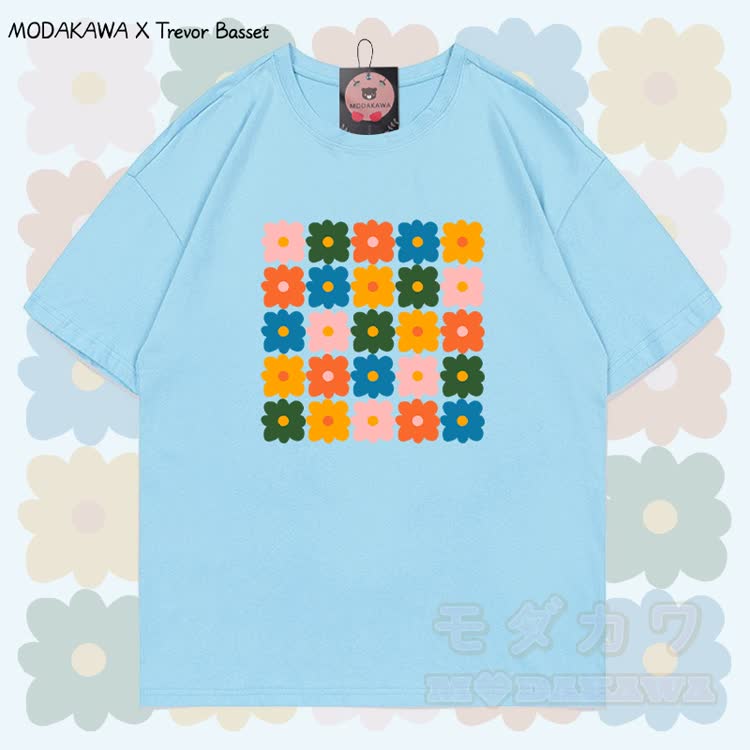 MODAKAWA X Trevor Basset Colorful Daisy Flower Graphic 100% Cotton T-shirt - Sky Blue - 5XL - image 5