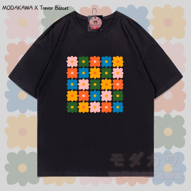MODAKAWA X Trevor Basset Colorful Daisy Flower Graphic 100% Cotton T-shirt - Black - 5XL - image 2