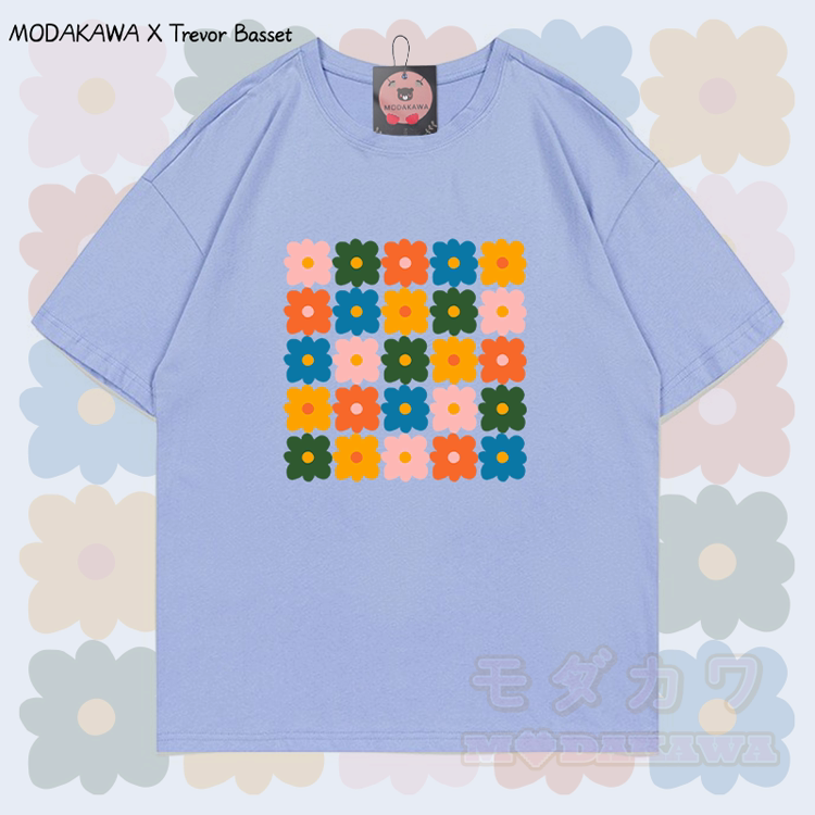 MODAKAWA X Trevor Basset Colorful Daisy Flower Graphic 100% Cotton T-shirt - Dusty Blue - 5XL - image 1