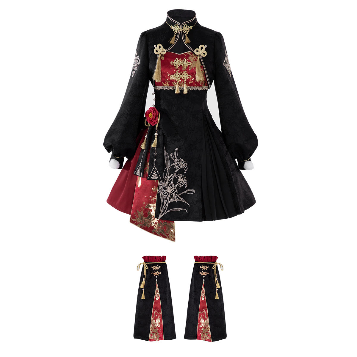 Vintage Tassel Top Flower Slip Dress Skirt Matching Outfit - Top+Dress+Skirt+Leg Warmers - L - image 1