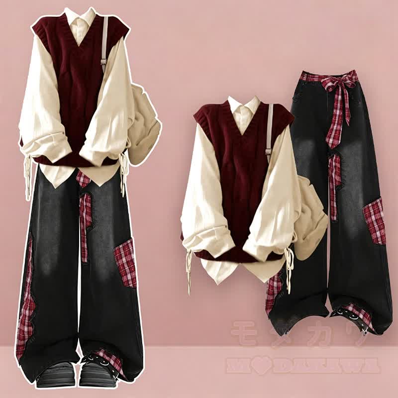 Knit Vest Lace-up Shirt Plaid Denim Pants Matching Outfit - Set - XL - image 1