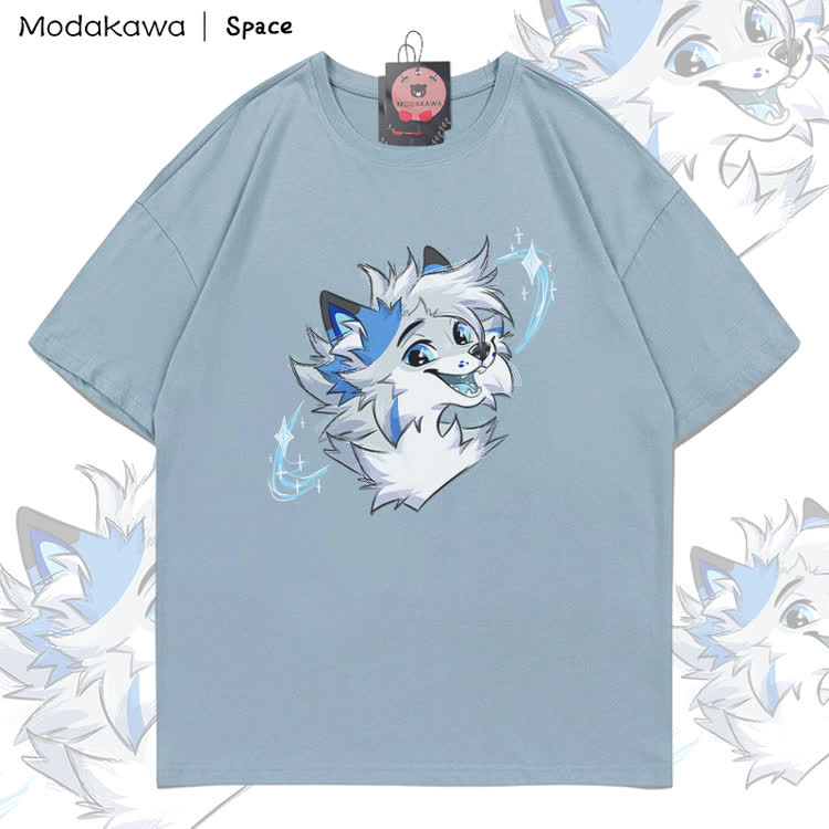 MODAKAWA X Space Barker Smile Graphic 100% Cotton T-shirt - Light Grey Blue - 5XL - image 1