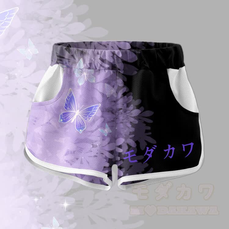 Butterfly Graphic Crop Tank Sport Top Shorts Bikini Modakawa Matching Outfit - Purple & Black Shorts - 5XL - image 3