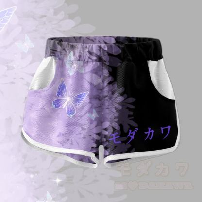Butterfly Graphic Crop Tank Sport Top Shorts Bikini Modakawa Matching Outfit - Purple & Black Shorts - 5XL - image 3
