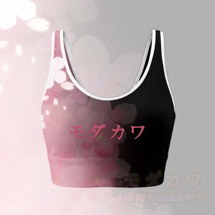Pink Sakura Graphic Crop Tank Sport Top Shorts Bikini Modakawa Matching Outfit - Pink Top - 5XL - image 2