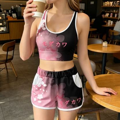 Pink Sakura Graphic Crop Tank Sport Top Shorts Bikini Modakawa Matching Outfit - image 1