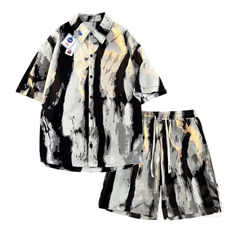 Ink Wash Bamboo Print Button-Up Shirt Shorts Set - Set C - 5XL - image 3