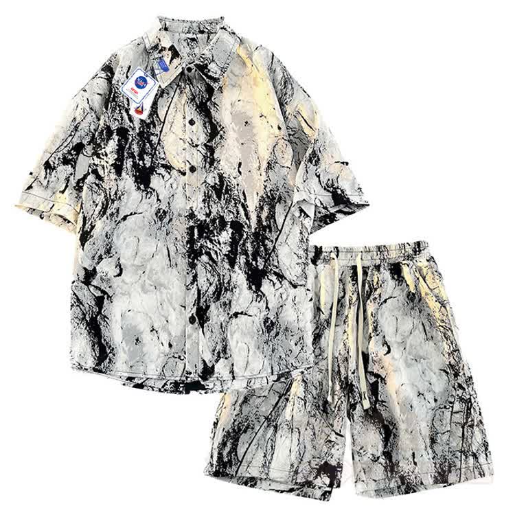 Ink Wash Bamboo Print Button-Up Shirt Shorts Set - Set B - 5XL - image 2