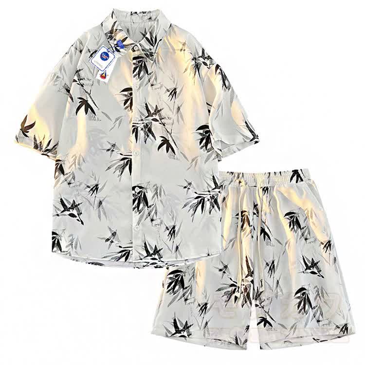 Ink Wash Bamboo Print Button-Up Shirt Shorts Set - Set D - 5XL - image 4