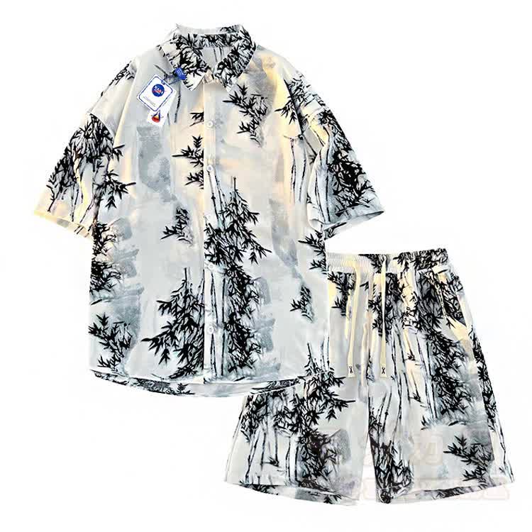 Ink Wash Bamboo Print Button-Up Shirt Shorts Set - Set A - 5XL - image 1