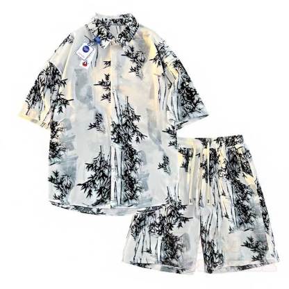 Ink Wash Bamboo Print Button-Up Shirt Shorts Set - Set A - 5XL - image 1