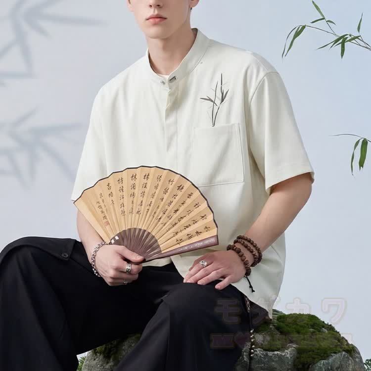 Bamboo Embroidered Mandarin Collar Button-Up Shirt - image 4