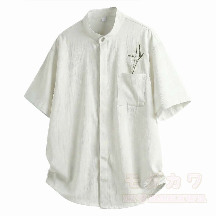 Bamboo Embroidered Mandarin Collar Button-Up Shirt - Light Apricot - 2XL - image 8