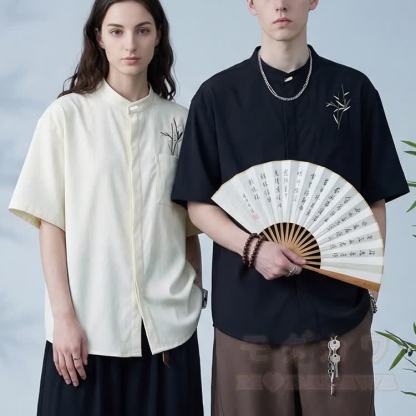 Bamboo Embroidered Mandarin Collar Button-Up Shirt - image 1